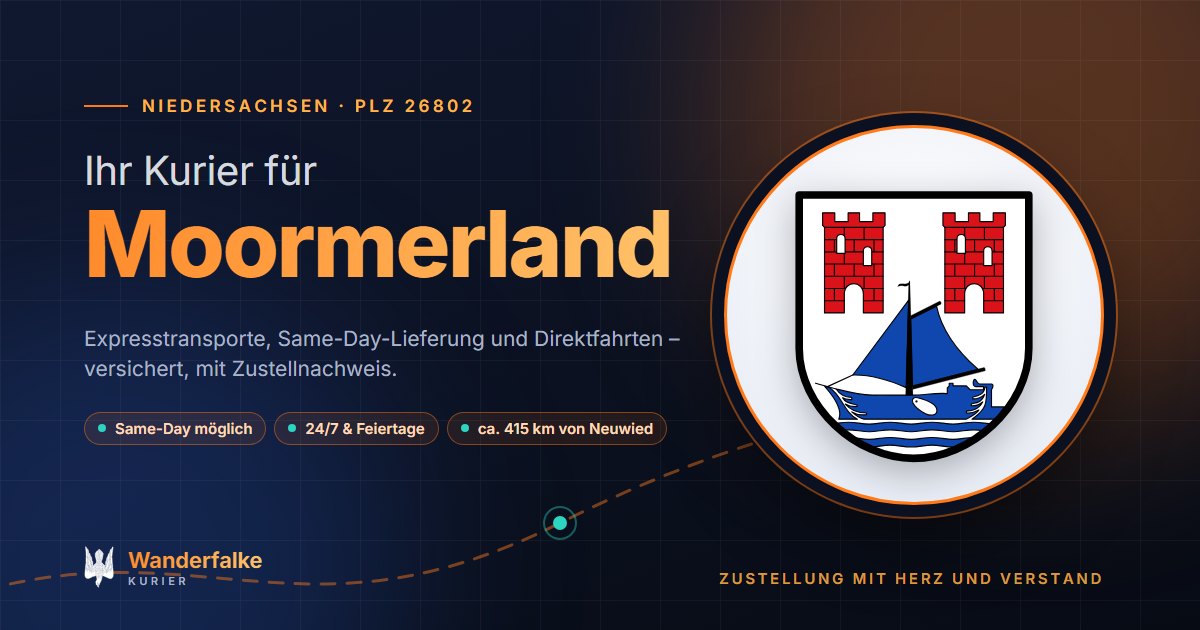 Kurierdienst Moormerland: Wappen von Moormerland und das Angebot von Wanderfalke Kurier – Express, Same-Day und Direktfahrt ab Neuwied