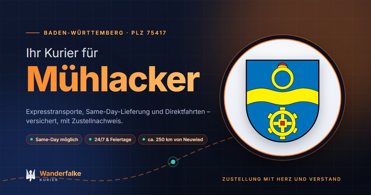 Kurierdienst Mühlacker: Wappen von Mühlacker und das Angebot von Wanderfalke Kurier – Express, Same-Day und Direktfahrt ab Neuwied