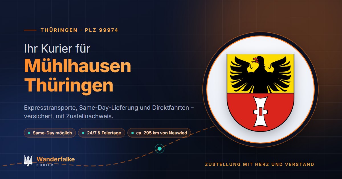 Kurierdienst Mühlhausen Thüringen: Wappen von Mühlhausen Thüringen und das Angebot von Wanderfalke Kurier – Express, Same-Day und Direktfahrt ab Neuwied