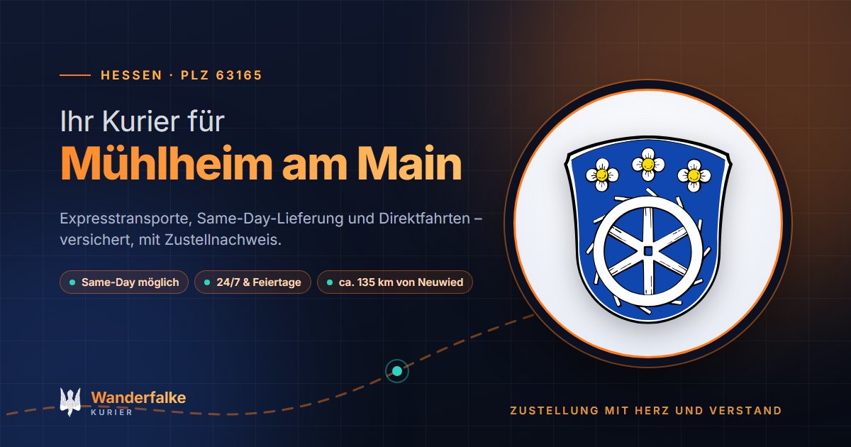 Kurierdienst Mühlheim am Main: Wappen von Mühlheim am Main und das Angebot von Wanderfalke Kurier – Express, Same-Day und Direktfahrt ab Neuwied