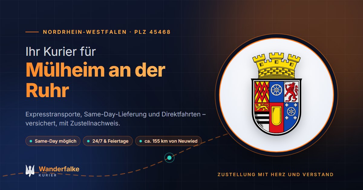 Kurierdienst Mülheim an der Ruhr: Wappen von Mülheim an der Ruhr und das Angebot von Wanderfalke Kurier – Express, Same-Day und Direktfahrt ab Neuwied