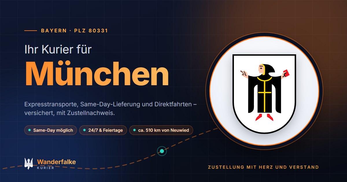 Kurierdienst München: Wappen von München und das Angebot von Wanderfalke Kurier – Express, Same-Day und Direktfahrt ab Neuwied