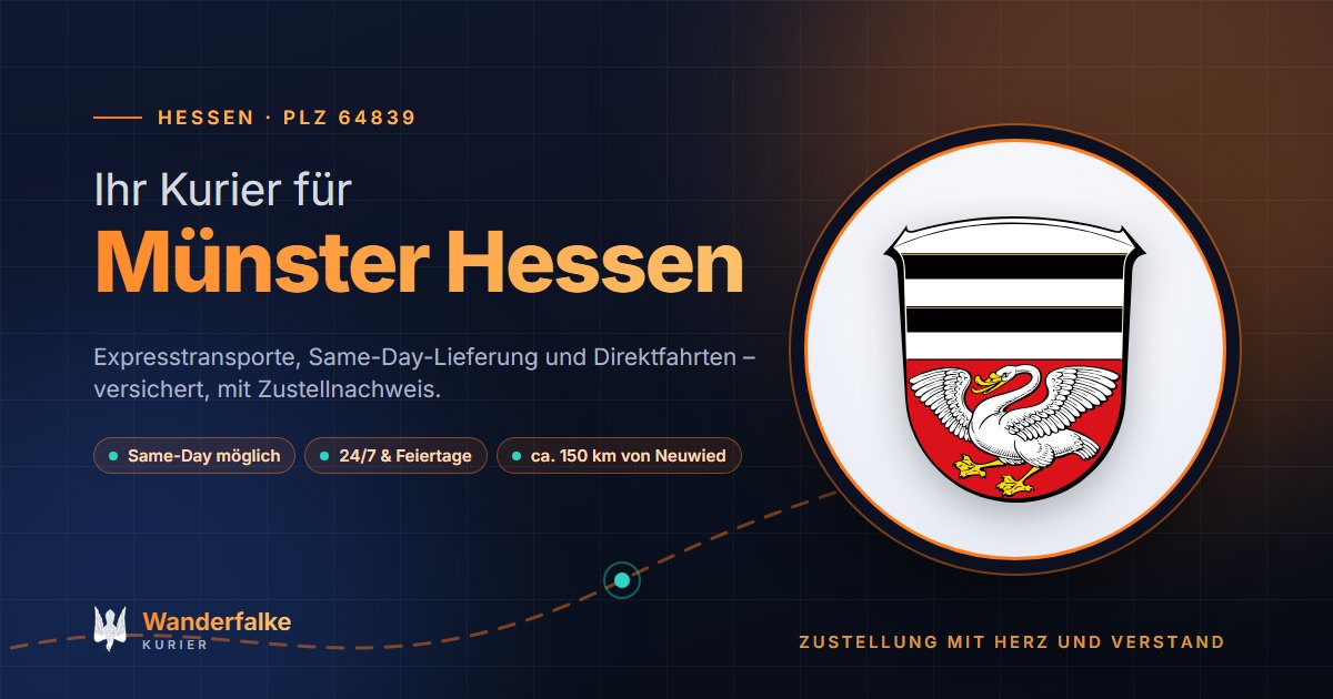 Kurierdienst Münster Hessen: Wappen von Münster Hessen und das Angebot von Wanderfalke Kurier – Express, Same-Day und Direktfahrt ab Neuwied