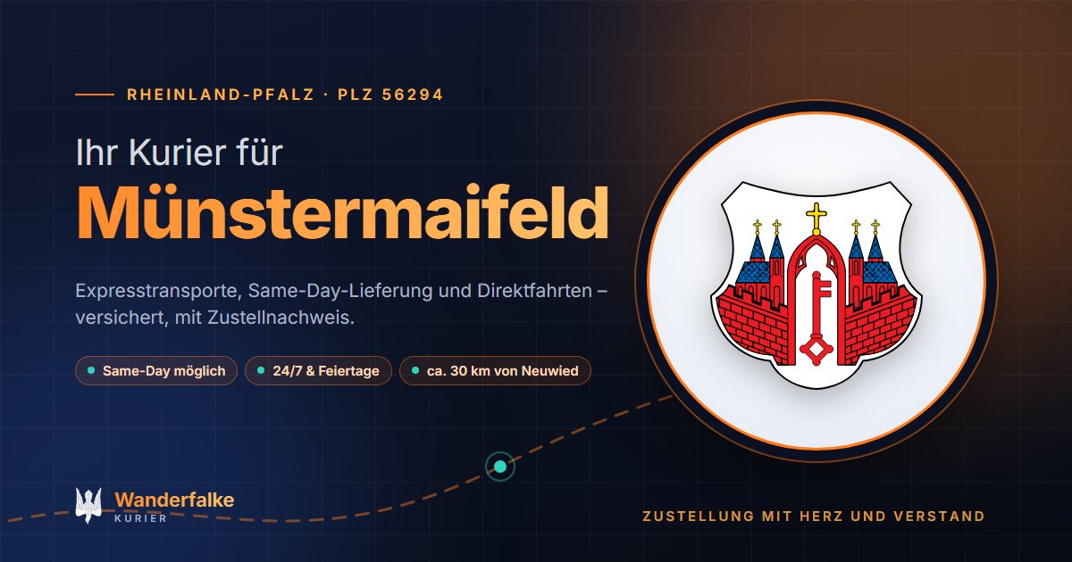 Kurierdienst Münstermaifeld: Wappen von Münstermaifeld und das Angebot von Wanderfalke Kurier – Express, Same-Day und Direktfahrt ab Neuwied