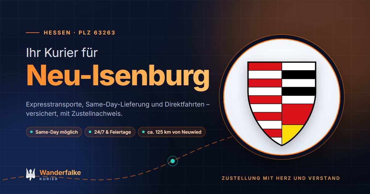 Kurierdienst Neu-Isenburg: Wappen von Neu-Isenburg und das Angebot von Wanderfalke Kurier – Express, Same-Day und Direktfahrt ab Neuwied