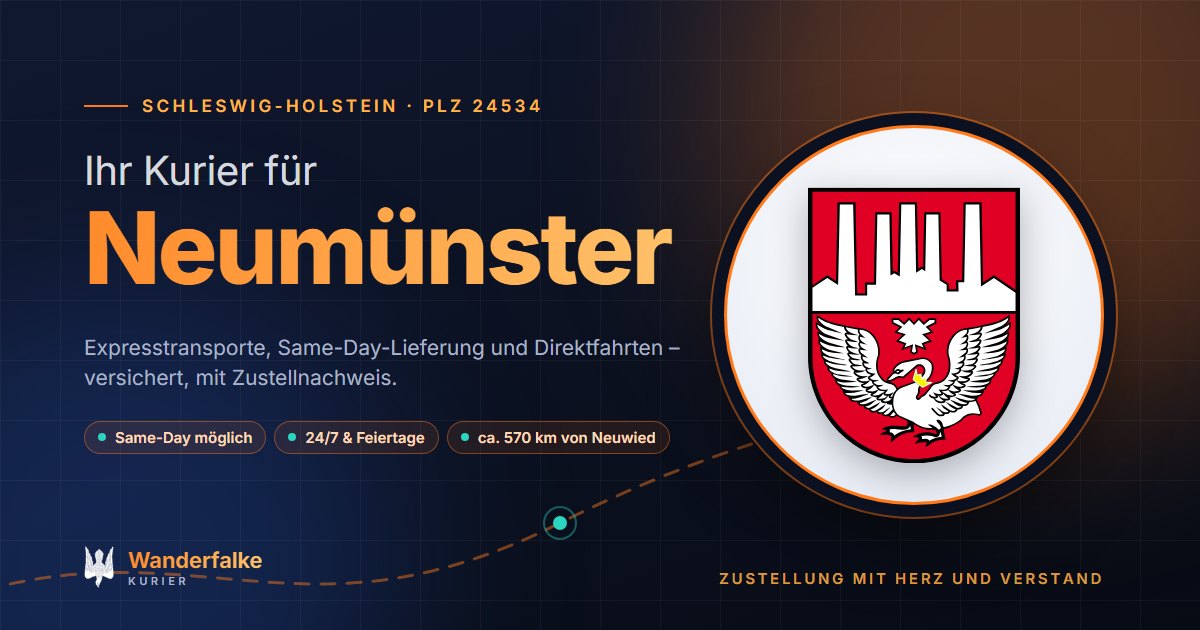 Kurierdienst Neumünster: Wappen von Neumünster und das Angebot von Wanderfalke Kurier – Express, Same-Day und Direktfahrt ab Neuwied