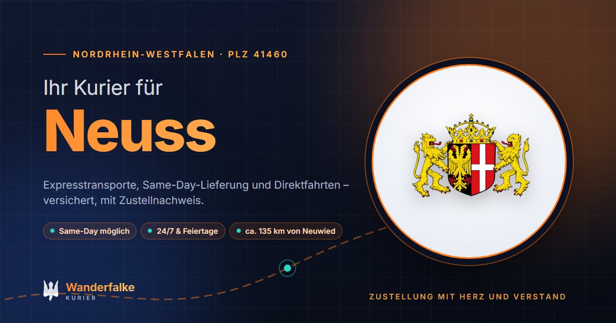 Kurierdienst Neuss: Wappen von Neuss und das Angebot von Wanderfalke Kurier – Express, Same-Day und Direktfahrt ab Neuwied