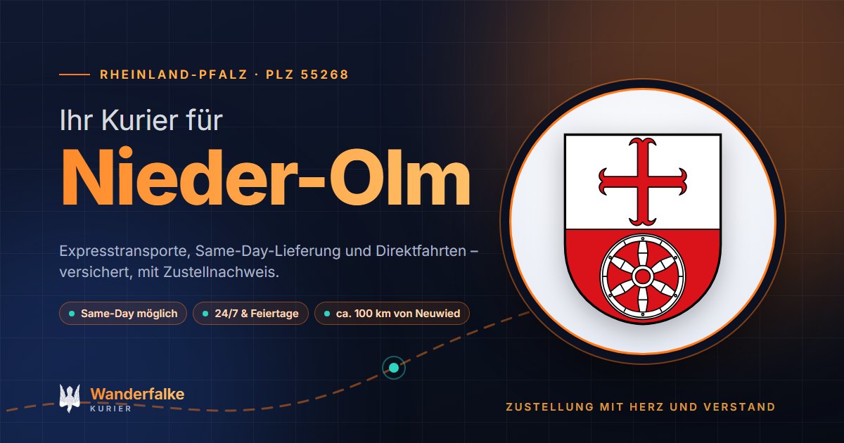 Kurierdienst Nieder-Olm: Wappen von Nieder-Olm und das Angebot von Wanderfalke Kurier – Express, Same-Day und Direktfahrt ab Neuwied