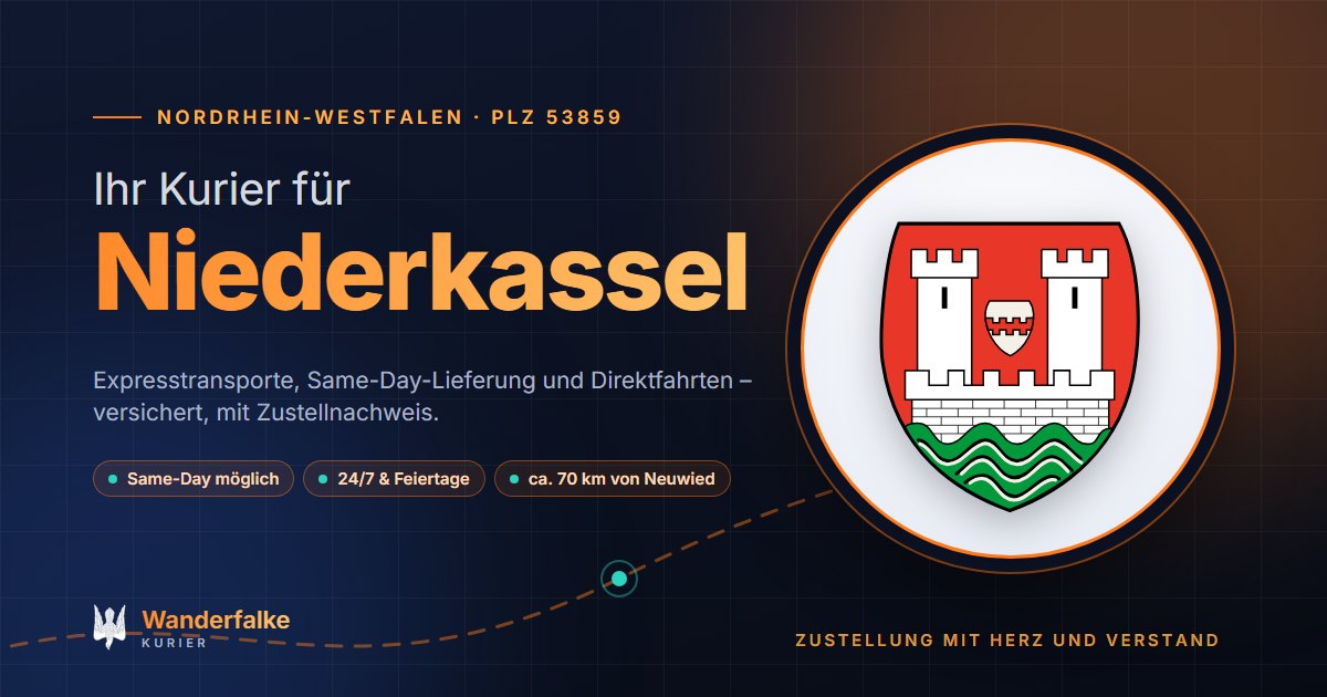 Kurierdienst Niederkassel: Wappen von Niederkassel und das Angebot von Wanderfalke Kurier – Express, Same-Day und Direktfahrt ab Neuwied