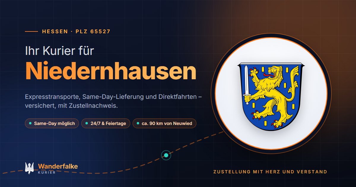 Kurierdienst Niedernhausen: Wappen von Niedernhausen und das Angebot von Wanderfalke Kurier – Express, Same-Day und Direktfahrt ab Neuwied