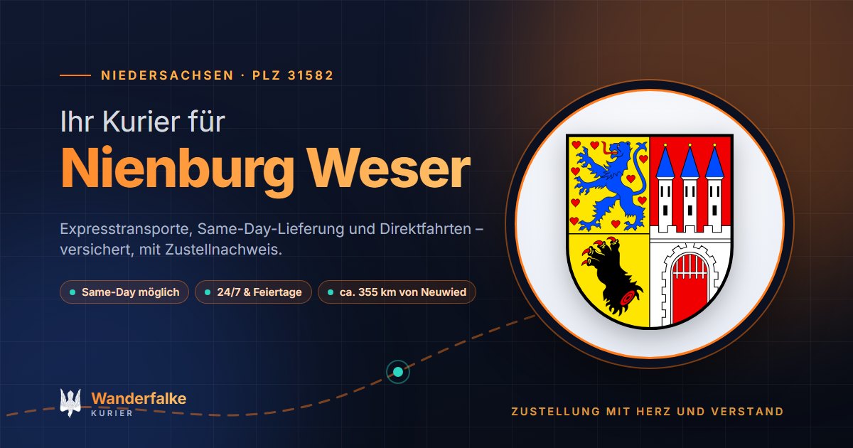 Kurierdienst Nienburg Weser: Wappen von Nienburg Weser und das Angebot von Wanderfalke Kurier – Express, Same-Day und Direktfahrt ab Neuwied