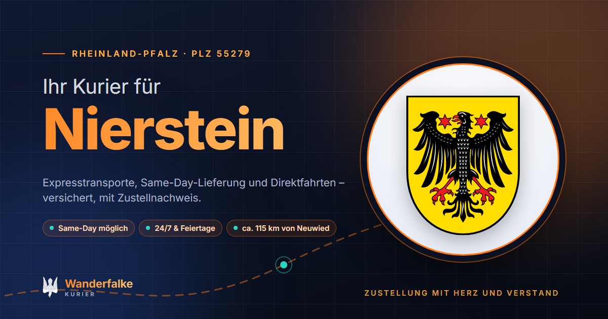 Kurierdienst Nierstein: Wappen von Nierstein und das Angebot von Wanderfalke Kurier – Express, Same-Day und Direktfahrt ab Neuwied