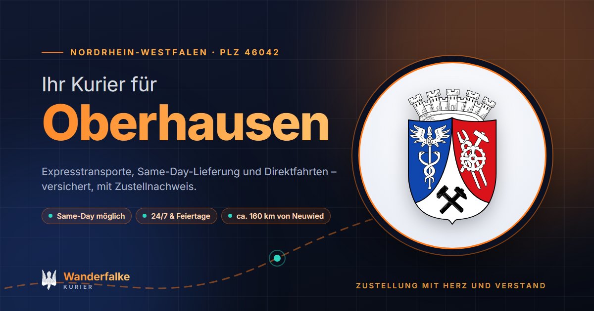 Kurierdienst Oberhausen: Wappen von Oberhausen und das Angebot von Wanderfalke Kurier – Express, Same-Day und Direktfahrt ab Neuwied