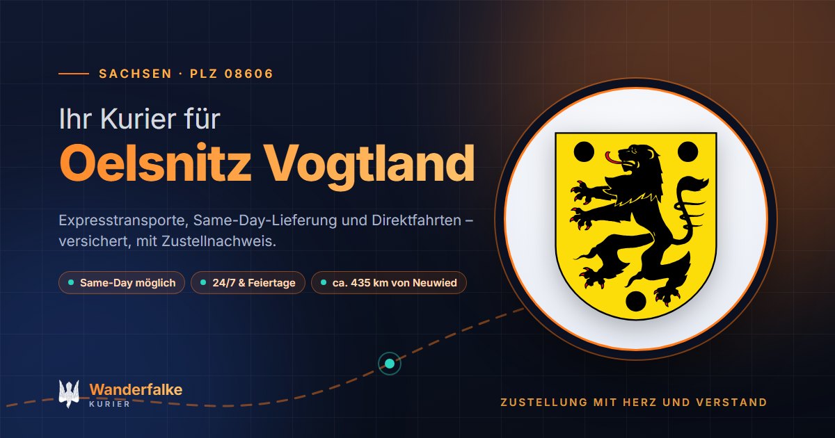 Kurierdienst Oelsnitz Vogtland: Wappen von Oelsnitz Vogtland und das Angebot von Wanderfalke Kurier – Express, Same-Day und Direktfahrt ab Neuwied