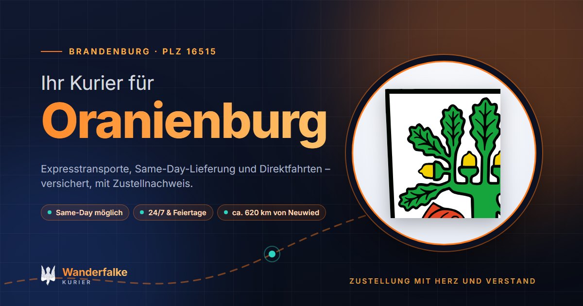 Kurierdienst Oranienburg: Wappen von Oranienburg und das Angebot von Wanderfalke Kurier – Express, Same-Day und Direktfahrt ab Neuwied