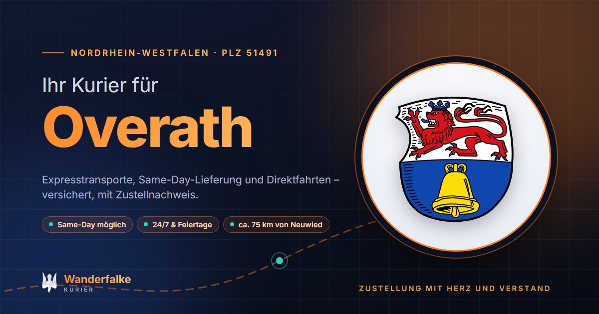 Kurierdienst Overath: Wappen von Overath und das Angebot von Wanderfalke Kurier – Express, Same-Day und Direktfahrt ab Neuwied
