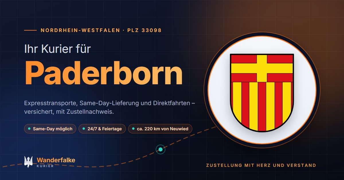 Kurierdienst Paderborn: Wappen von Paderborn und das Angebot von Wanderfalke Kurier – Express, Same-Day und Direktfahrt ab Neuwied