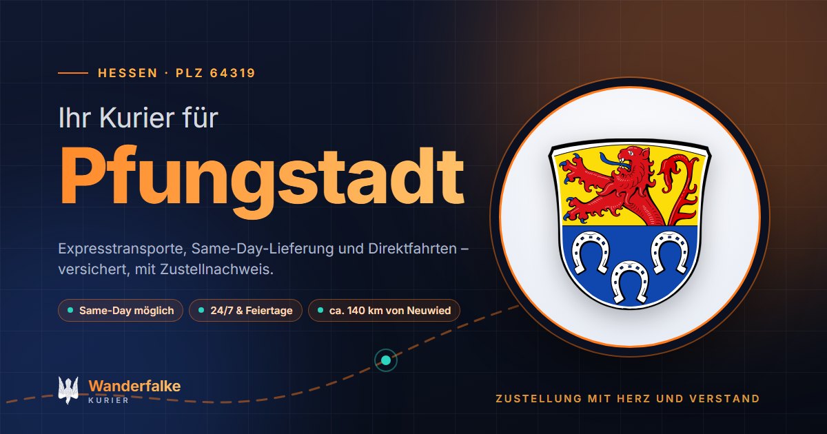Kurierdienst Pfungstadt: Wappen von Pfungstadt und das Angebot von Wanderfalke Kurier – Express, Same-Day und Direktfahrt ab Neuwied
