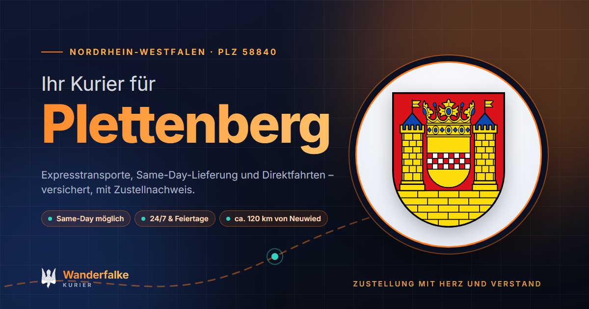 Kurierdienst Plettenberg: Wappen von Plettenberg und das Angebot von Wanderfalke Kurier – Express, Same-Day und Direktfahrt ab Neuwied