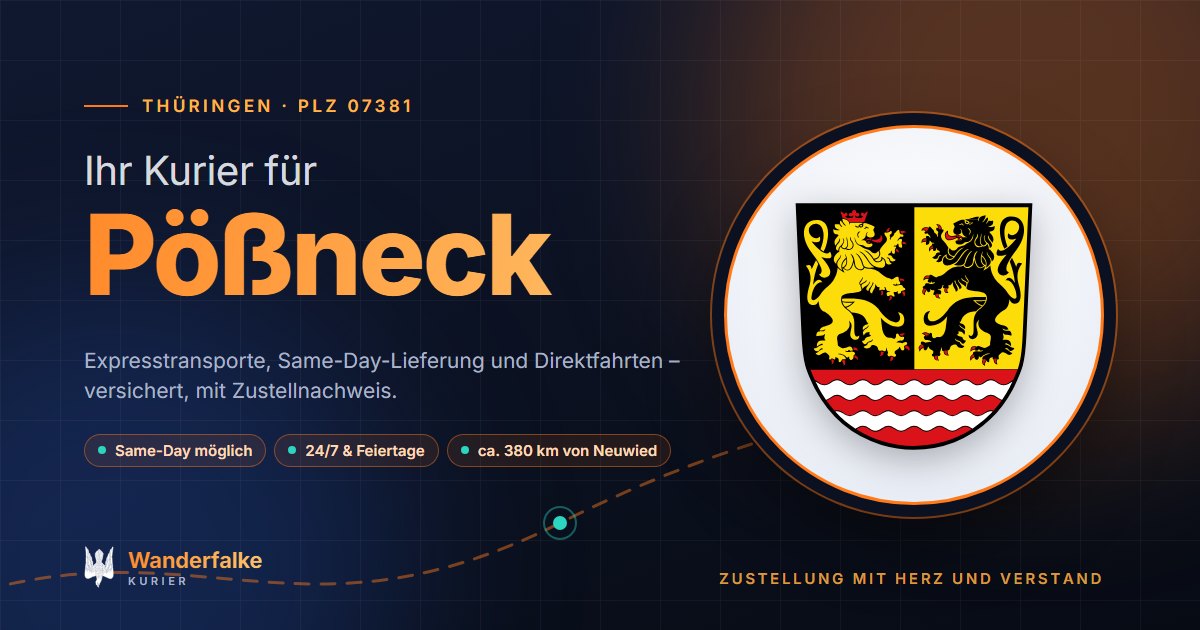 Kurierdienst Pößneck: Wappen von Pößneck und das Angebot von Wanderfalke Kurier – Express, Same-Day und Direktfahrt ab Neuwied