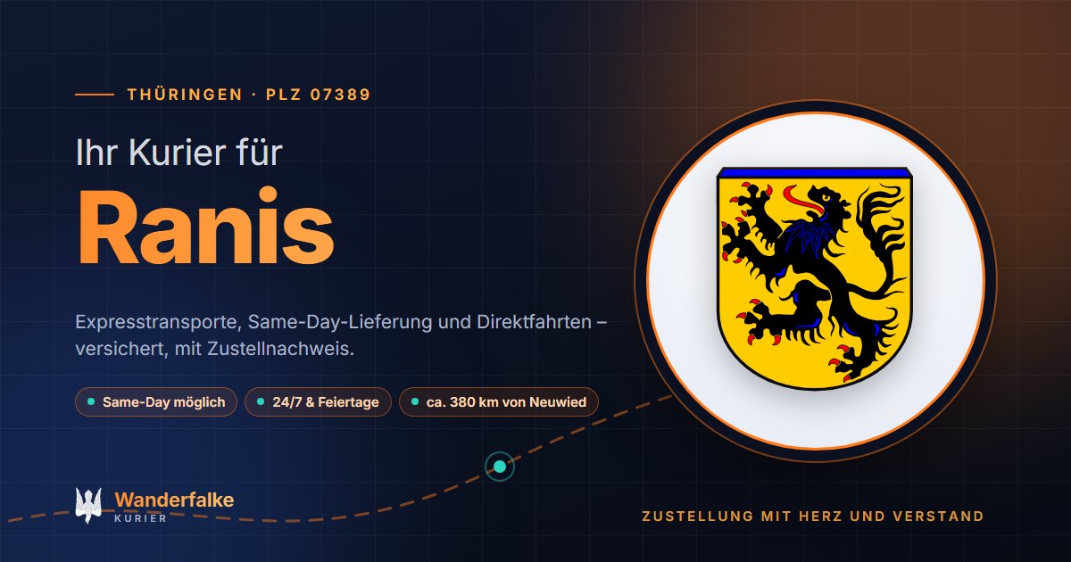 Kurierdienst Ranis: Wappen von Ranis und das Angebot von Wanderfalke Kurier – Express, Same-Day und Direktfahrt ab Neuwied
