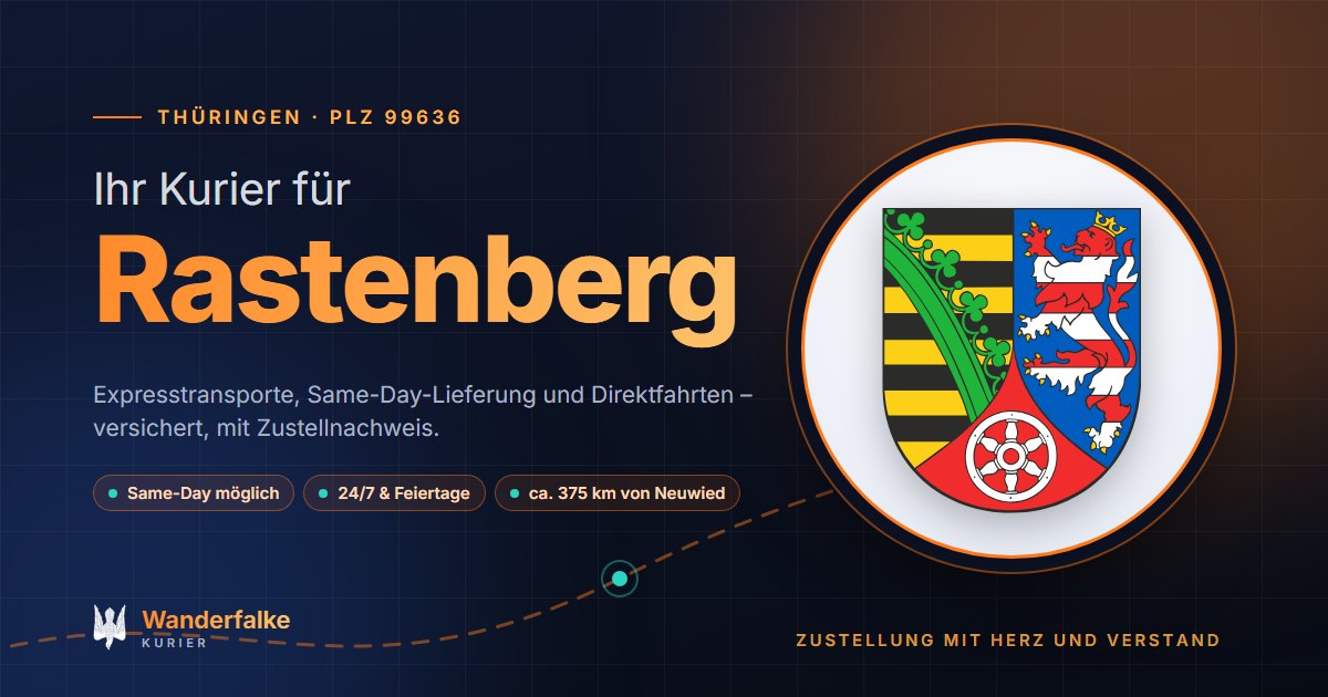 Kurierdienst Rastenberg: Wappen von Rastenberg und das Angebot von Wanderfalke Kurier – Express, Same-Day und Direktfahrt ab Neuwied