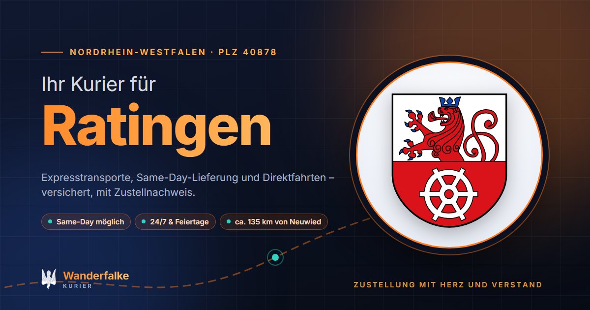 Kurierdienst Ratingen: Wappen von Ratingen und das Angebot von Wanderfalke Kurier – Express, Same-Day und Direktfahrt ab Neuwied