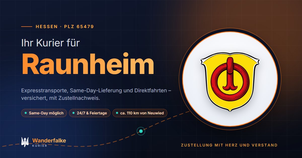 Kurierdienst Raunheim: Wappen von Raunheim und das Angebot von Wanderfalke Kurier – Express, Same-Day und Direktfahrt ab Neuwied