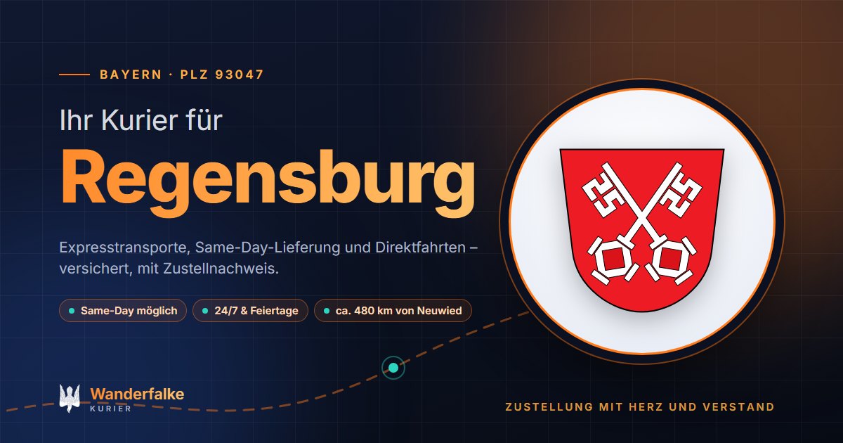 Kurierdienst Regensburg: Wappen von Regensburg und das Angebot von Wanderfalke Kurier – Express, Same-Day und Direktfahrt ab Neuwied