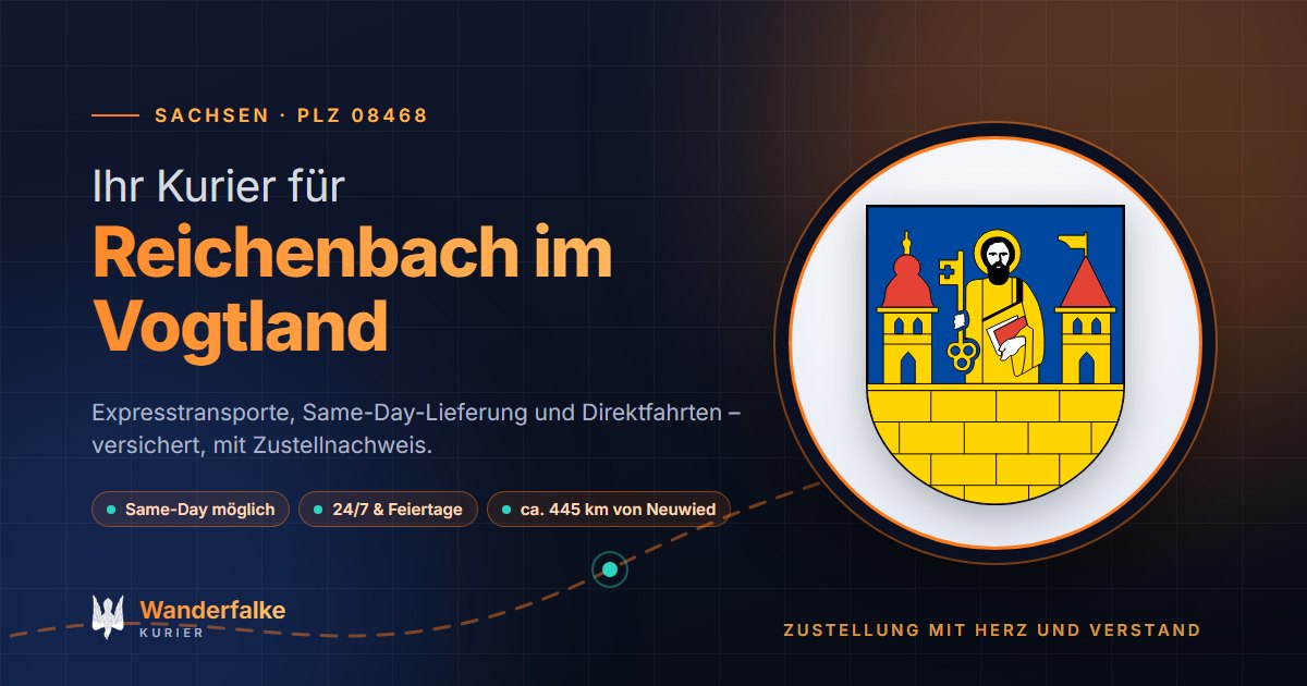 Kurierdienst Reichenbach im Vogtland: Wappen von Reichenbach im Vogtland und das Angebot von Wanderfalke Kurier – Express, Same-Day und Direktfahrt ab Neuwied