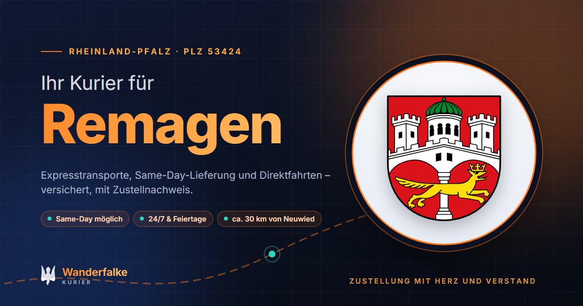 Kurierdienst Remagen: Wappen von Remagen und das Angebot von Wanderfalke Kurier – Express, Same-Day und Direktfahrt ab Neuwied