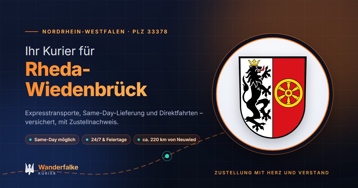 Kurierdienst Rheda-Wiedenbrück: Wappen von Rheda-Wiedenbrück und das Angebot von Wanderfalke Kurier – Express, Same-Day und Direktfahrt ab Neuwied