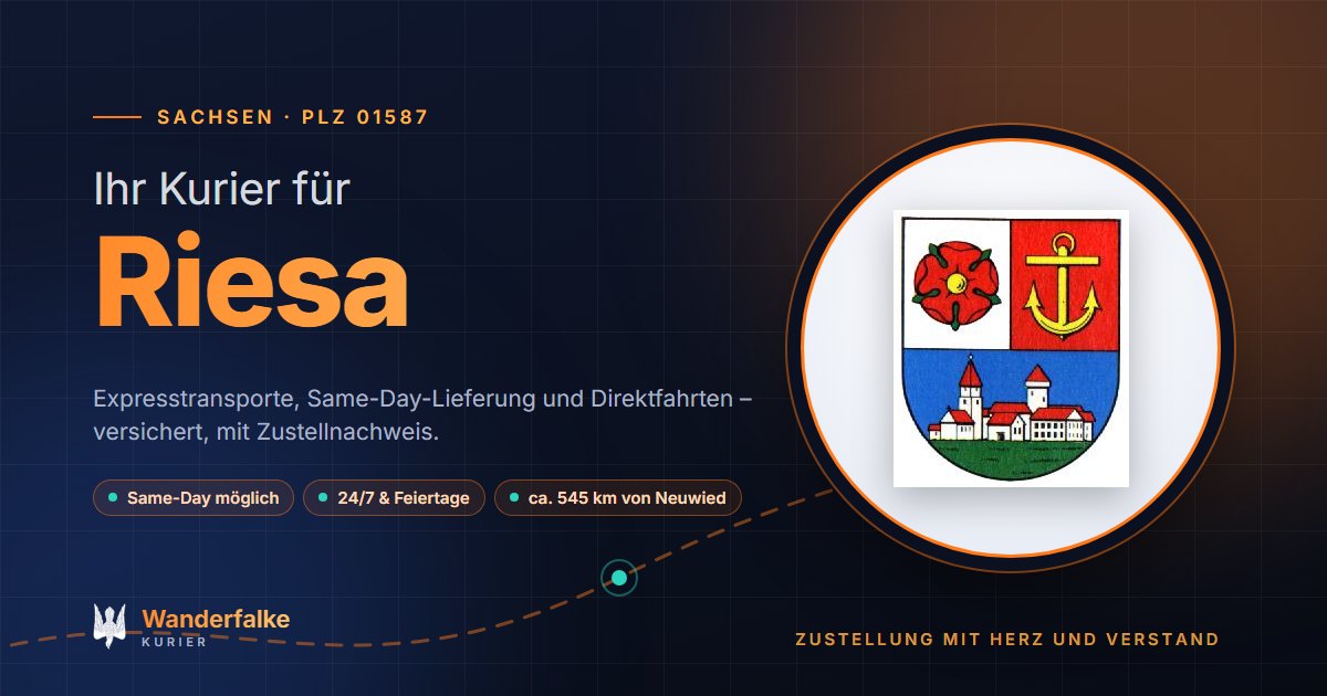 Kurierdienst Riesa: Wappen von Riesa und das Angebot von Wanderfalke Kurier – Express, Same-Day und Direktfahrt ab Neuwied