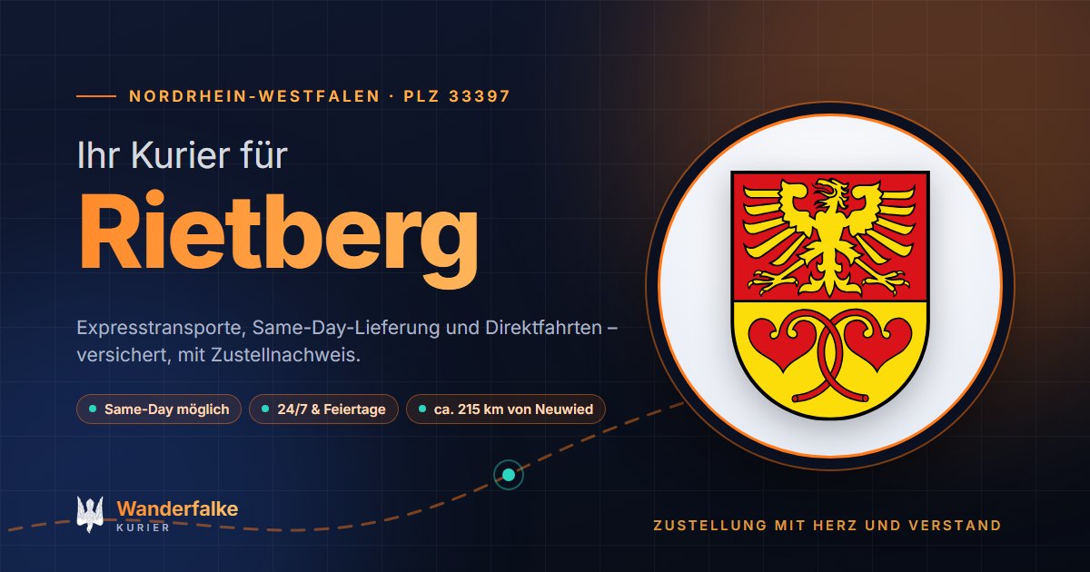 Kurierdienst Rietberg: Wappen von Rietberg und das Angebot von Wanderfalke Kurier – Express, Same-Day und Direktfahrt ab Neuwied