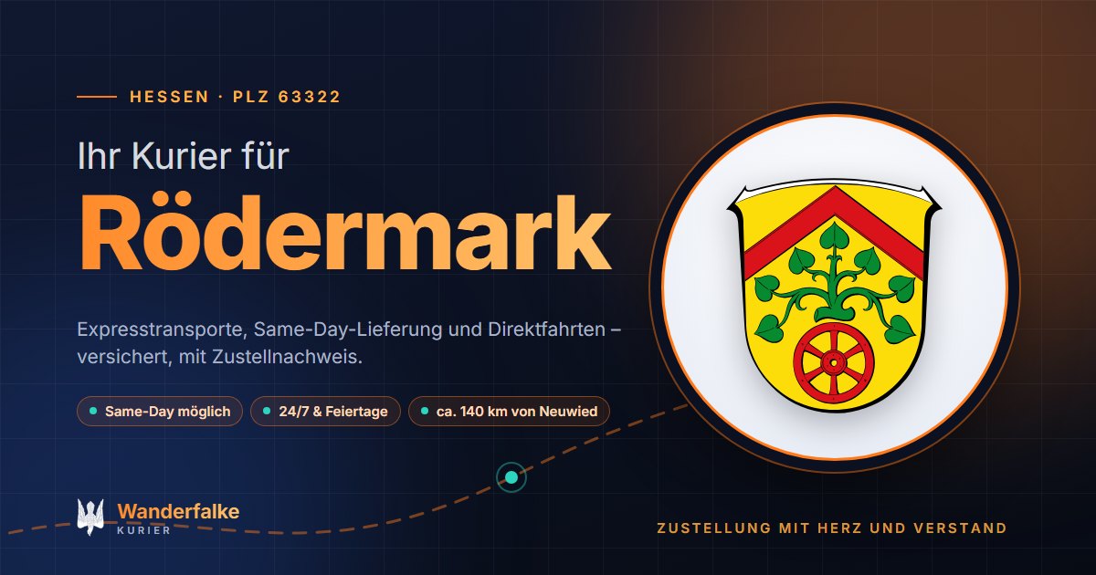 Kurierdienst Rödermark: Wappen von Rödermark und das Angebot von Wanderfalke Kurier – Express, Same-Day und Direktfahrt ab Neuwied