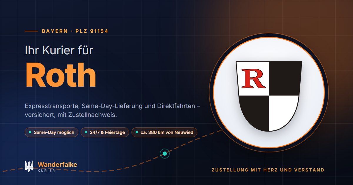 Kurierdienst Roth: Wappen von Roth und das Angebot von Wanderfalke Kurier – Express, Same-Day und Direktfahrt ab Neuwied