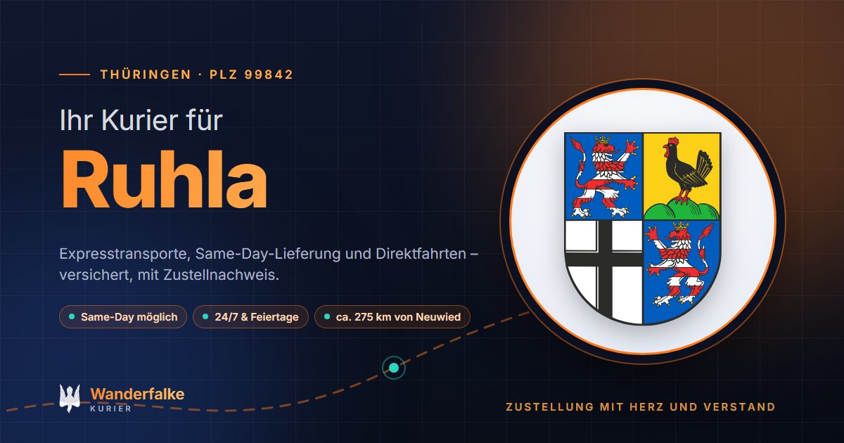 Kurierdienst Ruhla: Wappen von Ruhla und das Angebot von Wanderfalke Kurier – Express, Same-Day und Direktfahrt ab Neuwied