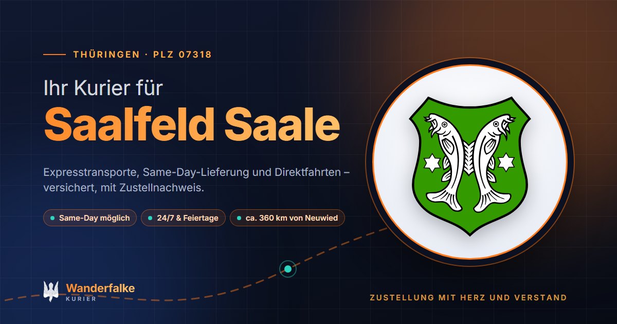 Kurierdienst Saalfeld Saale: Wappen von Saalfeld Saale und das Angebot von Wanderfalke Kurier – Express, Same-Day und Direktfahrt ab Neuwied