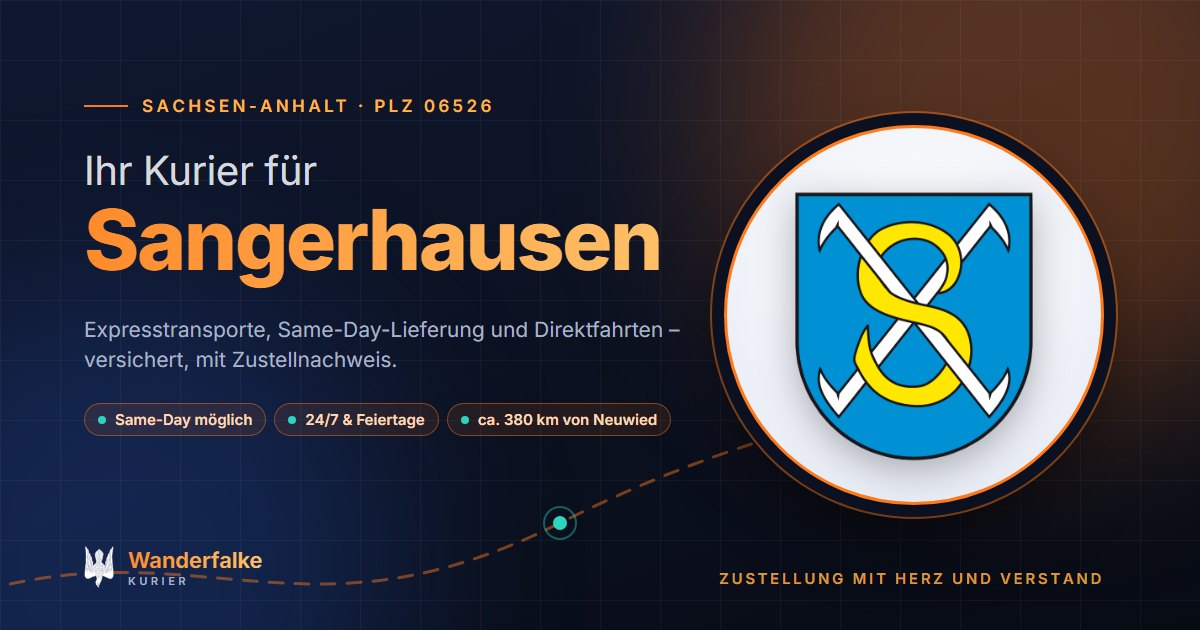 Kurierdienst Sangerhausen: Wappen von Sangerhausen und das Angebot von Wanderfalke Kurier – Express, Same-Day und Direktfahrt ab Neuwied