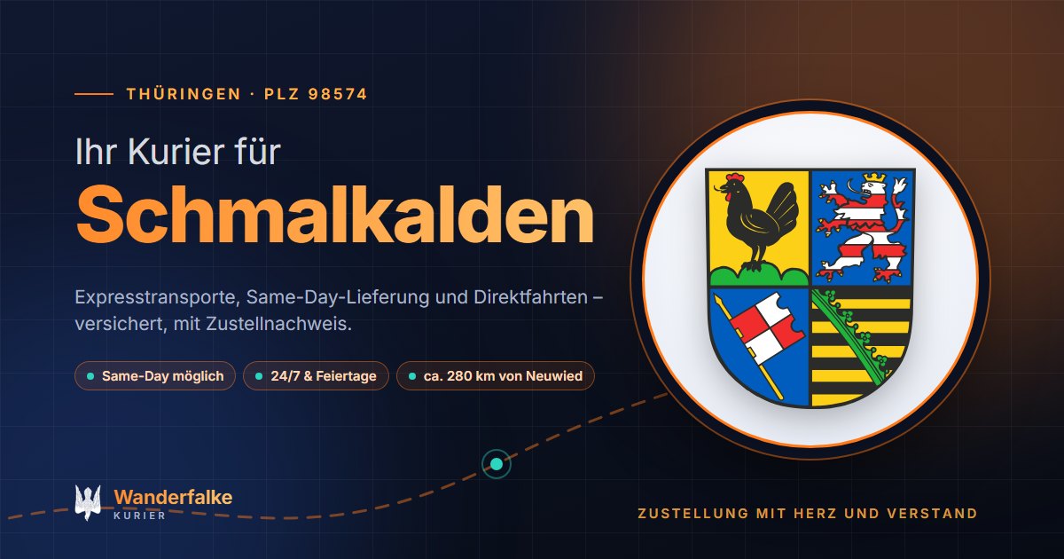 Kurierdienst Schmalkalden: Wappen von Schmalkalden und das Angebot von Wanderfalke Kurier – Express, Same-Day und Direktfahrt ab Neuwied