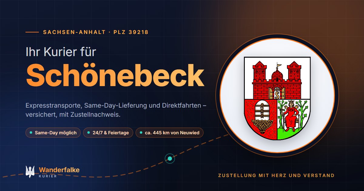 Kurierdienst Schönebeck: Wappen von Schönebeck und das Angebot von Wanderfalke Kurier – Express, Same-Day und Direktfahrt ab Neuwied