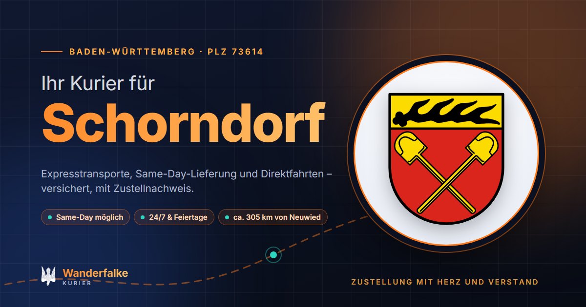 Kurierdienst Schorndorf: Wappen von Schorndorf und das Angebot von Wanderfalke Kurier – Express, Same-Day und Direktfahrt ab Neuwied