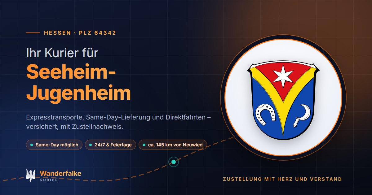 Kurierdienst Seeheim-Jugenheim: Wappen von Seeheim-Jugenheim und das Angebot von Wanderfalke Kurier – Express, Same-Day und Direktfahrt ab Neuwied