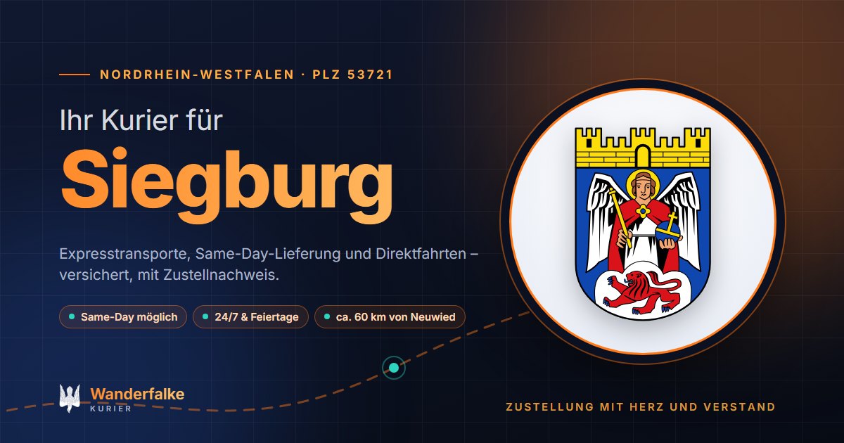 Kurierdienst Siegburg: Wappen von Siegburg und das Angebot von Wanderfalke Kurier – Express, Same-Day und Direktfahrt ab Neuwied
