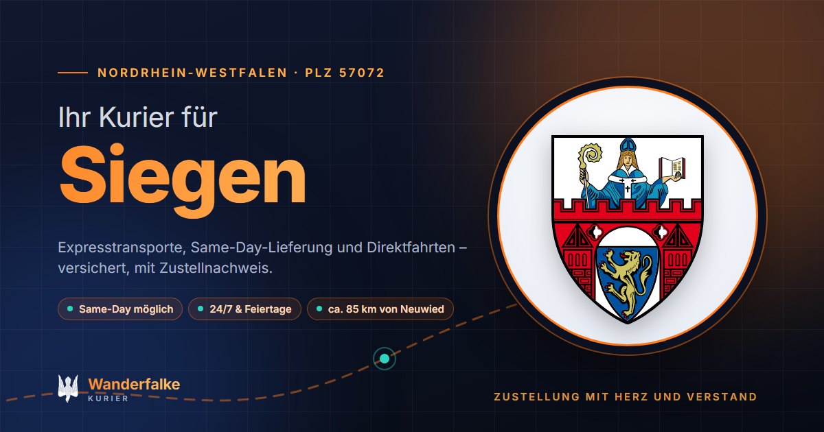 Kurierdienst Siegen: Wappen von Siegen und das Angebot von Wanderfalke Kurier – Express, Same-Day und Direktfahrt ab Neuwied