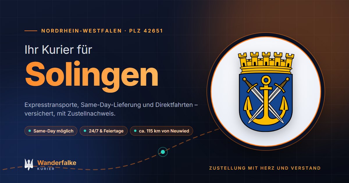 Kurierdienst Solingen: Wappen von Solingen und das Angebot von Wanderfalke Kurier – Express, Same-Day und Direktfahrt ab Neuwied