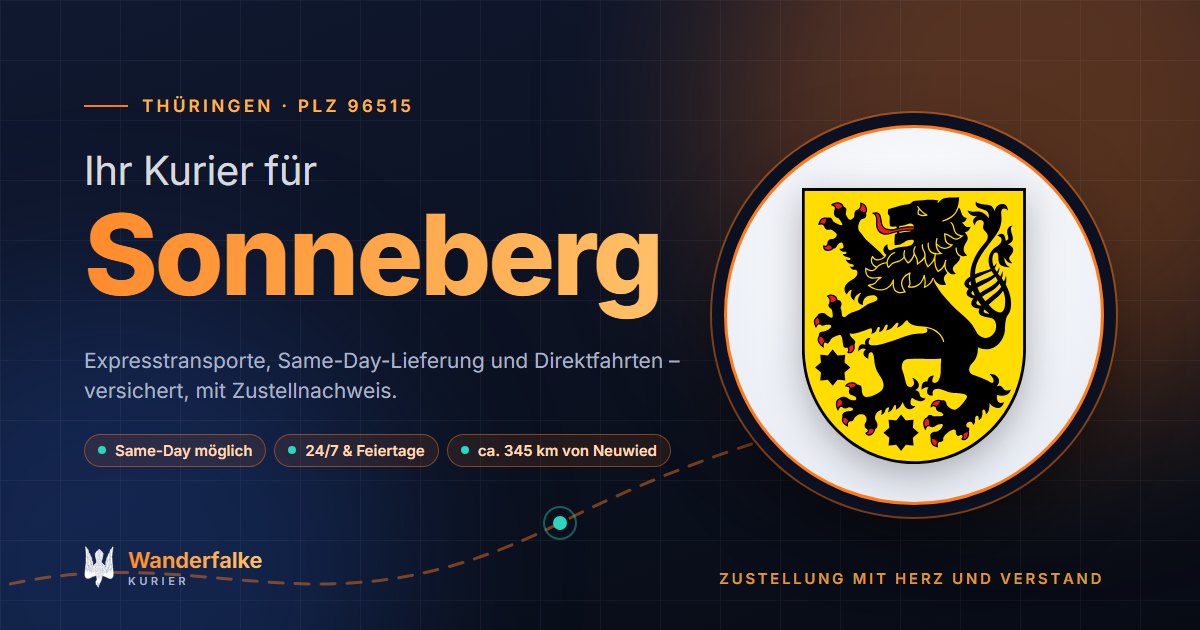 Kurierdienst Sonneberg: Wappen von Sonneberg und das Angebot von Wanderfalke Kurier – Express, Same-Day und Direktfahrt ab Neuwied