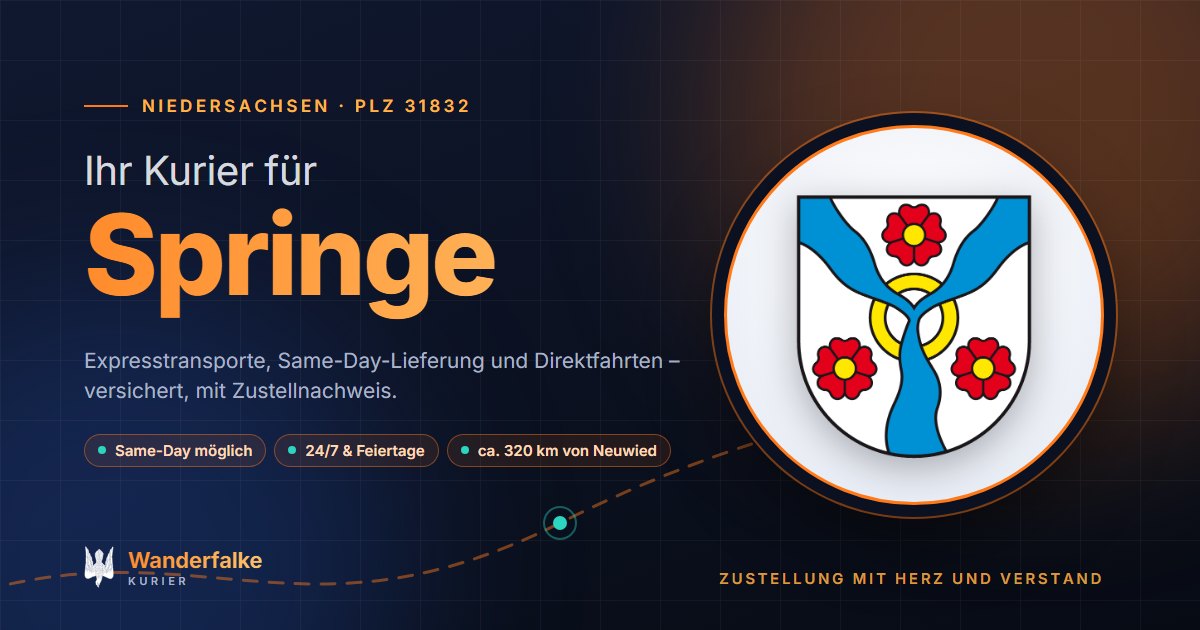 Kurierdienst Springe: Wappen von Springe und das Angebot von Wanderfalke Kurier – Express, Same-Day und Direktfahrt ab Neuwied