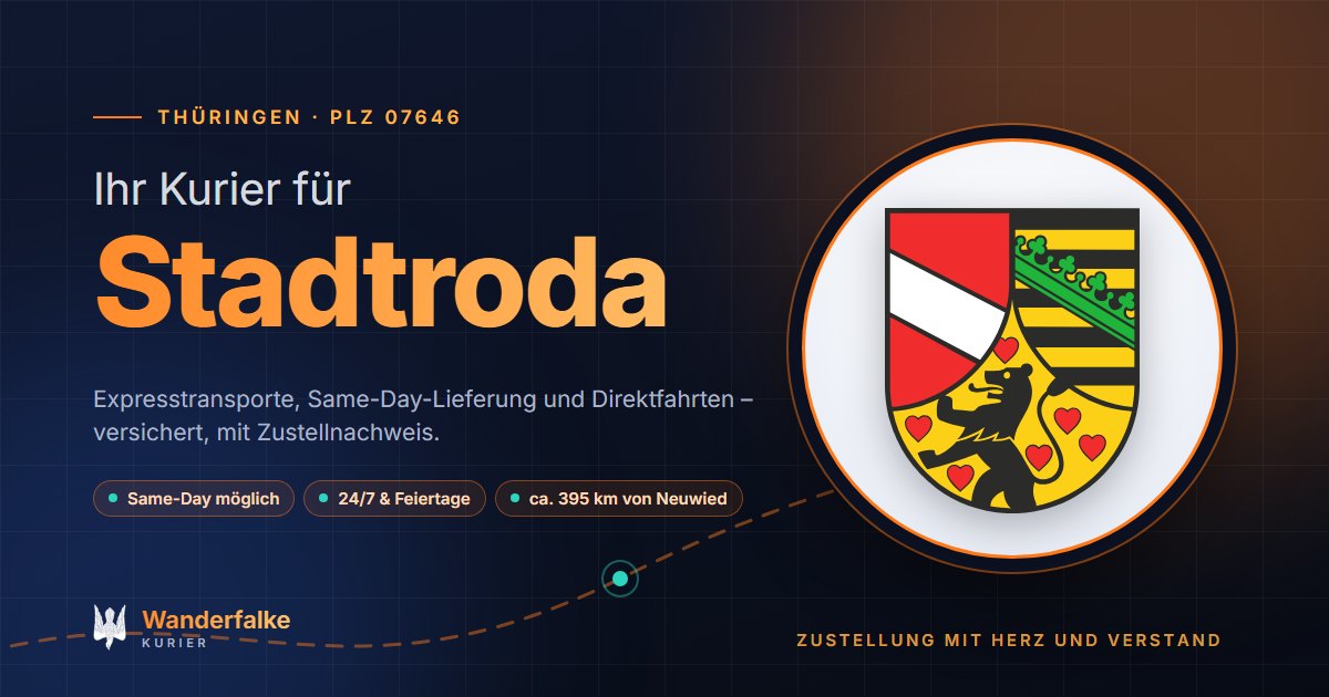Kurierdienst Stadtroda: Wappen von Stadtroda und das Angebot von Wanderfalke Kurier – Express, Same-Day und Direktfahrt ab Neuwied