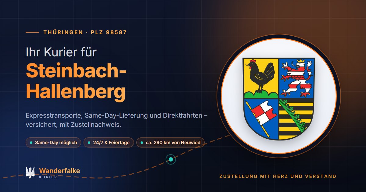 Kurierdienst Steinbach-Hallenberg: Wappen von Steinbach-Hallenberg und das Angebot von Wanderfalke Kurier – Express, Same-Day und Direktfahrt ab Neuwied